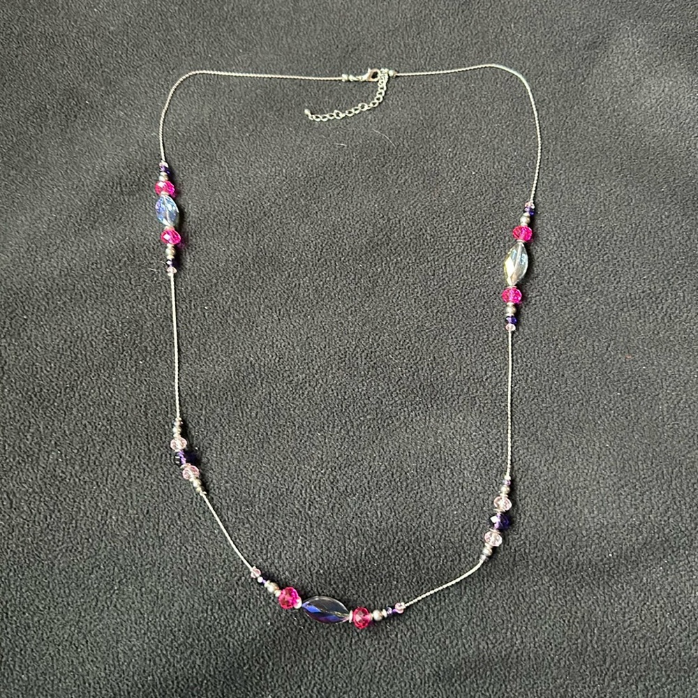 Silver tone pink and purple beaded necklace